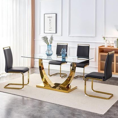 63" Gold Dining Room Table, Glass Dining Table for 4-6 with Rectangular Tempered Glass Tabletop, Modern Kitchen Table with Glossy U Shape Stainless Steel Base for Kitchen Dining Room