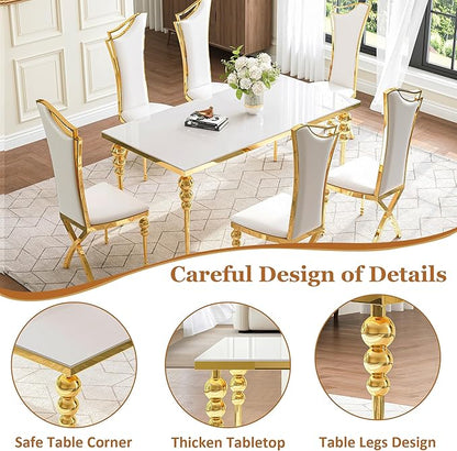 Glass Dining Table Set for 6, Luxurious 70 Inch Rectangular Kitchen Table with White Tempered Glass Top, 6 White PU Leather Cushion Chairs for Dining Room, Restaurant, Living Room