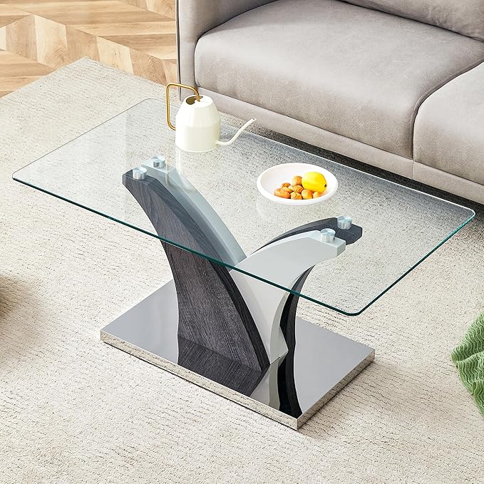 Glass Coffee Table for Living Room, 39" Modern Rectangle Coffee Tables with Tempered Glass Top and Sturdy Y-Shaped Wooden Base, Clear Center Table for Living Room, Apartment, Office