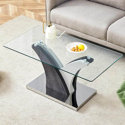 Glass Coffee Table for Living Room, 39" Modern Rectangle Coffee Tables with Tempered Glass Top and Sturdy Y-Shaped Wooden Base, Clear Center Table for Living Room, Apartment, Office