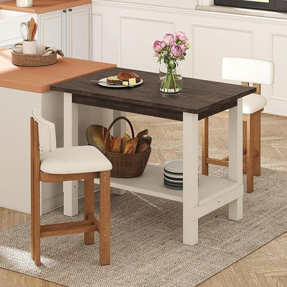 3-Piece Counter Height Dining Table Set for 2, Bar Height Table and 2 Bar Stools for Kitchen Island/Dining Room(Brushed Brown Table & White Barstools)