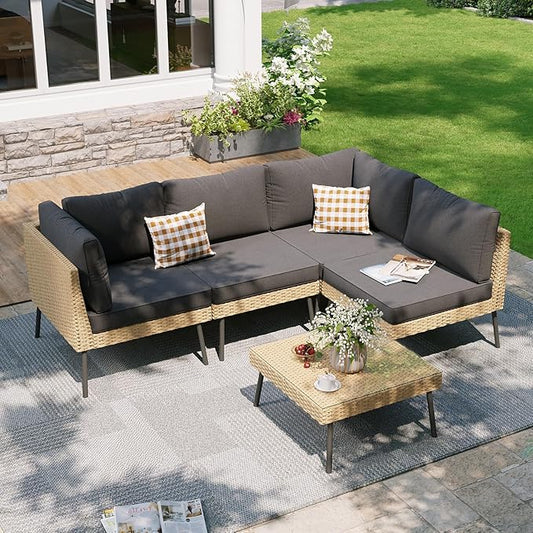 Aoxun 5-Piece Patio Furniture Set, Wicker Outdoor Furniture with Water Resistant Thick Cushions, Patio Conversation Set Outdoor Sectional Sofa with Coffee Table for Backyard Poolside, Black
