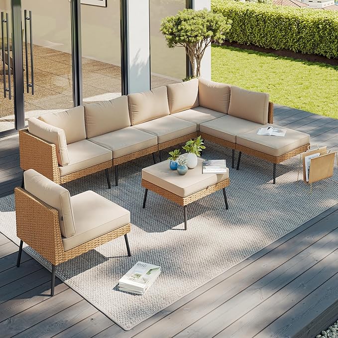 Aoxun 8 Piece Patio Furniture Set, 8 Seats Outdoor Sectional Sofas with Thick Cushion, Wicker Patio Outdoor Furniture Set with Ottomans for Party, Garden, Backyard, Beige