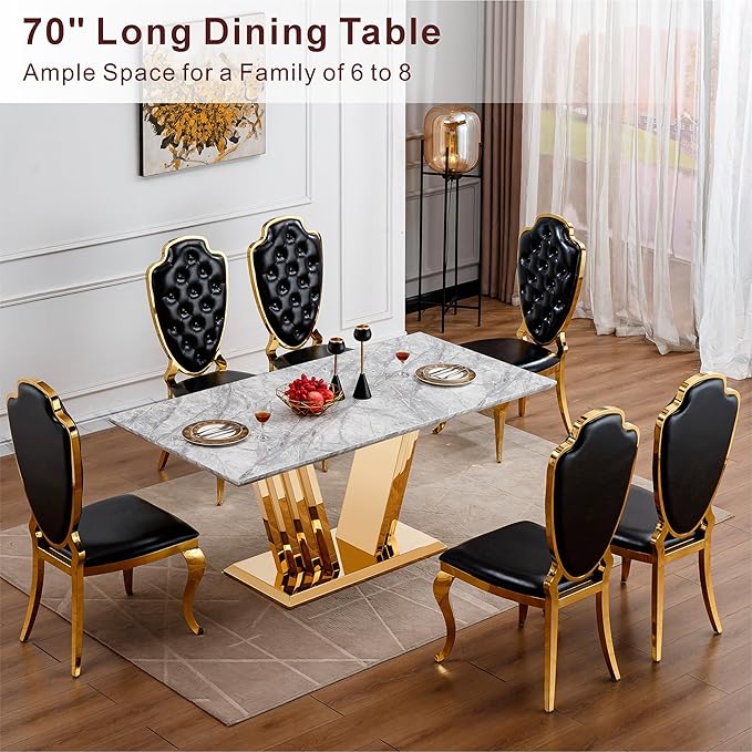 70" Marble Dining Table for 6-8, Modern Luxury Gold Rectangular Large Kitchen Table, Marble Grain MDF Tabletop & Stainless Steel Base, Dinner Furniture for Kitchen Dining Room, Meeting Room, Grey