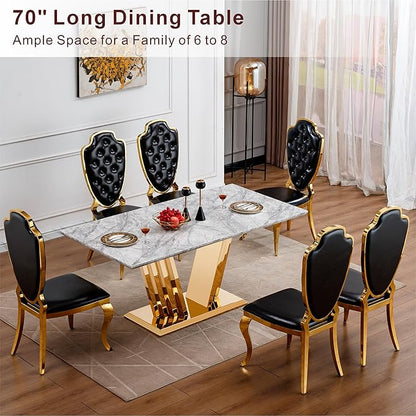 70" Marble Dining Table for 6-8, Modern Luxury Gold Rectangular Large Kitchen Table, Marble Grain MDF Tabletop & Stainless Steel Base, Dinner Furniture for Kitchen Dining Room, Meeting Room, Grey
