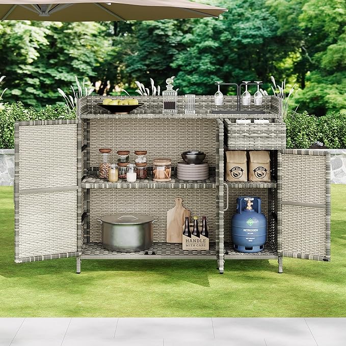 47.5 Inch Outdoor Storage Cabinet Wicker Buffet Table Patio Sideboard Tempered Glass Top Adjustable Shelves 3 Door Rattan Kitchen Island Drawer Dining Serving Console Metal Frame Grey