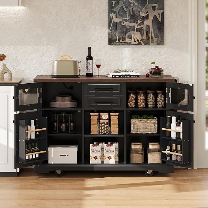 RUNNA 54.9" Kitchen Island with Drop Leaf,Power Outlet,Storage Cart with 4 Door Shelves,Cross Barn Doors & Visual Glass Door,Rolling on 4 Wheels,Dining Room (Black#77)