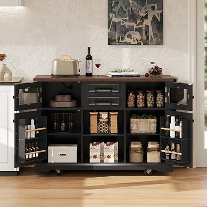 RUNNA 54.9" Kitchen Island with Drop Leaf,Power Outlet,Storage Cart with 4 Door Shelves,Cross Barn Doors & Visual Glass Door,Rolling on 4 Wheels,Dining Room (Black#77)