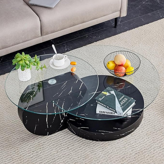 Glass Coffee Table, Modern Round Glass Coffee Table with Wooden Base, 3 Tier Round Coffee Table, Clear Cocktail Table with Storage for Living Room, Office, Balcony (42″ Black)
