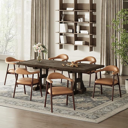 MALOL Leather Dining Chair with Armrest Set of 6, Upholstered Dining Room Chair with Curved Back and Wood Legs, Mid Century Modern Kitchen Chairs for Kitchen Dining Room