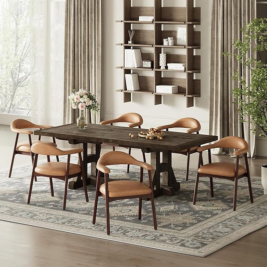 MALOL Leather Dining Chair with Armrest Set of 6, Upholstered Dining Room Chair with Curved Back and Wood Legs, Mid Century Modern Kitchen Chairs for Kitchen Dining Room