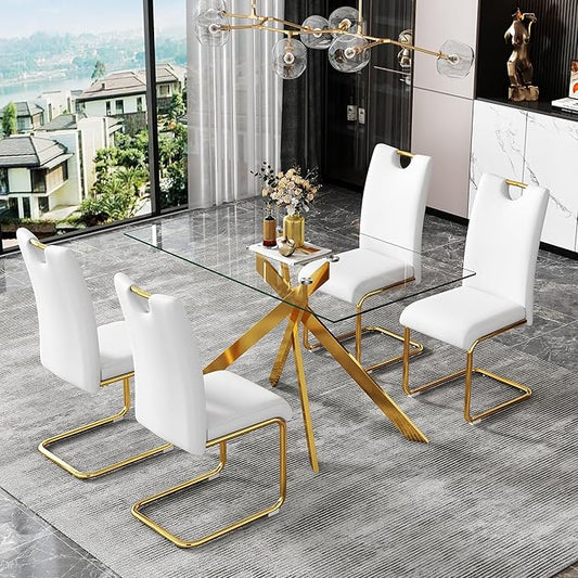 51.18" Rectangular Glass Dining Table, Tempered Glass Kitchen Tabe with Metal Legs, Stylish and Sturdy Dinner Table for Home and Outdoor Dining (Golden, 51.18'')