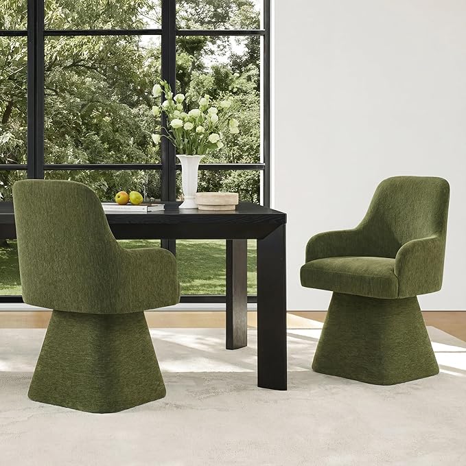 KISLOT Swivel Dining Chairs Set of 2, Mid Century Modern Chairs Fabric Upholstered Armchair with Armrest & Ergonomic Backrest for Dining Room, Kitchen, Bedroom, Living Room, Green, 2 Boxs