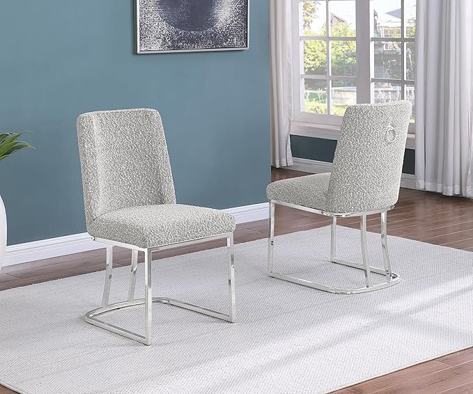 Modern Chairs Set of 2, Chrome Side Chairs & Counter Stools with Ring Pull Back, Luxury Upholstered Chairs for Kitchen Island, Dining Room & Home Bar (Boucle, Rich Gray/Silver, Side Chair)