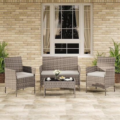 GAOMON 4-Piece Patio Furniture Set, Modern PE Rattan Conversation Set with 2 Chairs, Loveseat & Tempered Glass Coffee Table, All-Weather Outdoor Seating for Garden, Porch, Balcony, Poolside