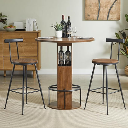 SOFTSEA 3 Pieces Round Bar Table and Chairs Set for 2, Metal Dining Table Set with Storage, Small Round Kitchen Table with 2 Chairs, Save Space, Walnut