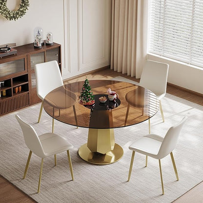 53" Brown Glass Round Dining Table for 4-8 People, Modern Kitchen Table with Smoked Tempered Glass Top & Gold Stainless Steel Base, Easy Assembly, for Dining Room & Kitchen