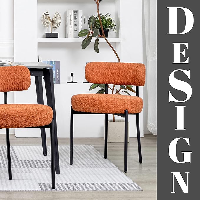 DYHOME Mid-Century Modern Dining Chairs Set of 2, Boucle Dining Chairs Upholstered with Black Metal Legs, Curved Backrest Kitchen Dining Room Chairs, Orange