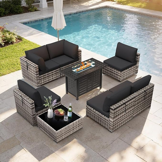 Patio Furniture Set 7 Pieces Conversation Set Wicker Outdoor Sectional Sofa,Ergonomic Armrests Couch with Cushion and Glass Table (White-Black, 8 Piece-Fire Table)