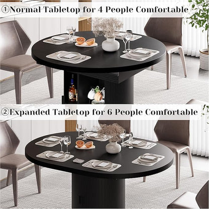 Dining Table for 4-6-8, 43-59" Extendable Round Dining Room Kitchen Table with Storage Shelf, Space Saving Expandable Wood Oval Circle Dinner Table with Pedestal Base for Kitchen Living Room (Black)