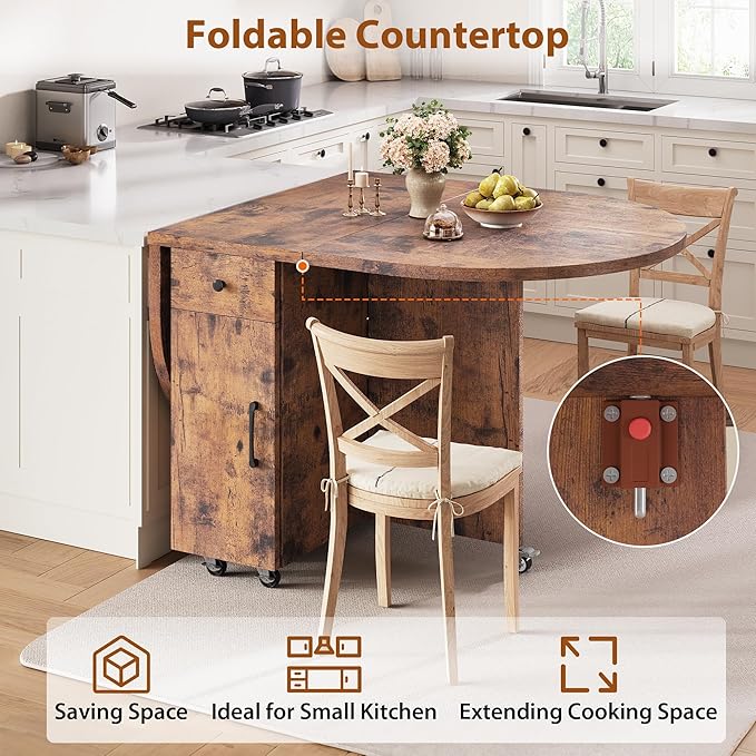 Jocoevol Round Folding Dining Table for 6, Space Saving Drop Leaf Kitchen Table with Storage Drawer, 6 Wheels Oval Gateleg Foldable Dining Table for Small Spaces (Vintage, 51" x 31.5" x 30")