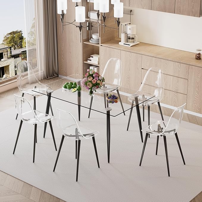 Baysitone Glass Dining Table for 4 with 51 inch Clear Rectangular Glass Top, 0.31" Modern Tempered Glass Kitchen Table Furniture with 4 Black Plating Metal Legs for Home Dining Room