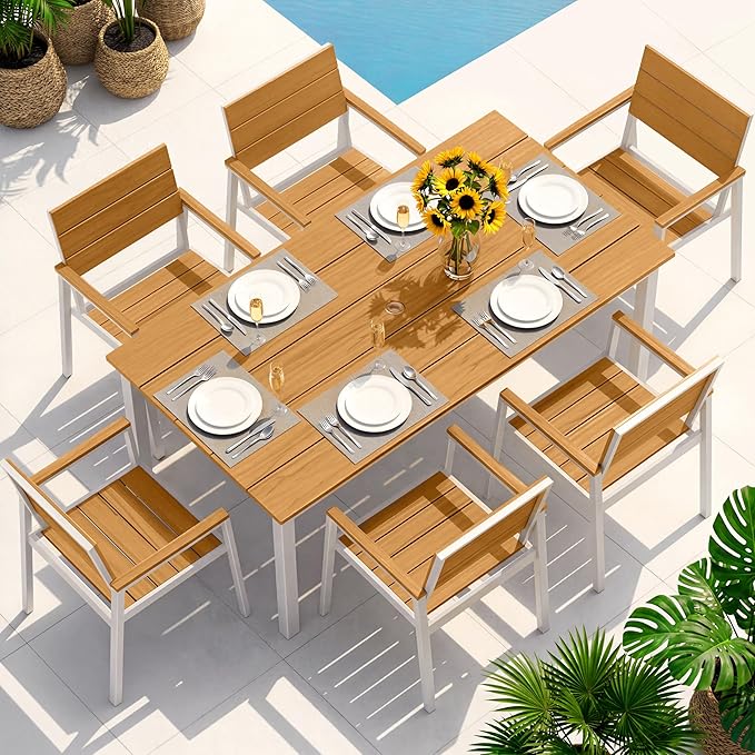 Outdoor Dining Set for 6, Patio Table and Chairs Set with Umbrella Hole, 7 Pieces HDPS + Aluminum Outdoor Furniture Sets for Patio, Garden (White & Teak)