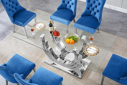 70" Glass Dining Table for 6-8, Modern Dining Room Table with 0.39" Tempered Glass Top and Three U-Shaped Silver Stainless Steel Base, Rectangle Kitchen Dinner Table for Dining Room