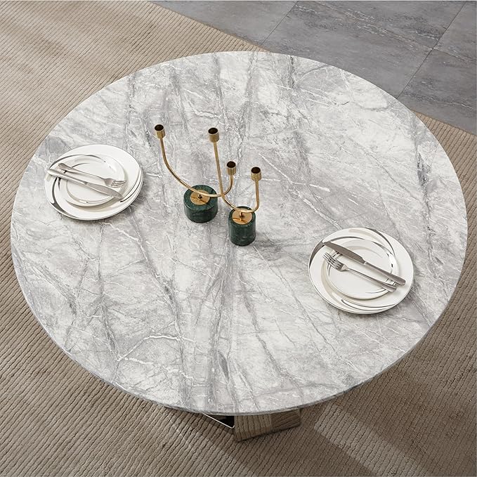 47" Round Marble Dining Table for 4-6, Luxury Modern Kitchen Table with Marble Grain MDF Tabletop & Silver Mirrored Stainless Steel Pedestal Base, Grey Stone Dinner Table for Dining Room (Table Only)