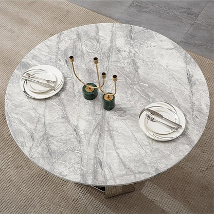 47" Round Marble Dining Table for 4-6, Luxury Modern Kitchen Table with Marble Grain MDF Tabletop & Silver Mirrored Stainless Steel Pedestal Base, Grey Stone Dinner Table for Dining Room (Table Only)