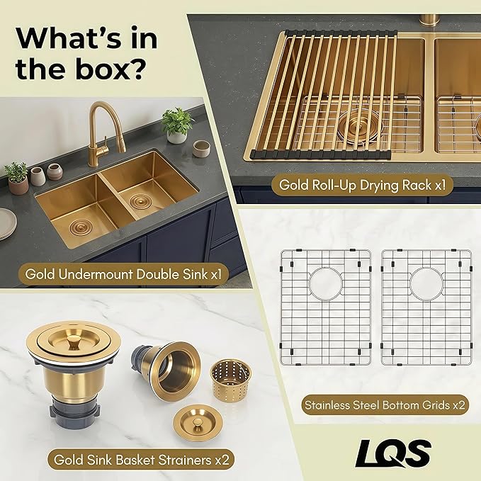 LQS Gold Kitchen Sink 31 Inch, Gold Double Kitchen Sink, Undermount Stainless Steel Sink 16 Gauge Top Grade, R10 Round Corner, X-Shaped Drain Line and Equipped with Roll-Up Dish Rack for Drying