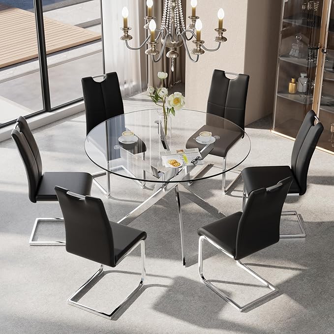 47-Inch Round Tempered Glass Dining Table for 4-6 Person Space-Saving Small Kitchen Table with Heavy-Duty Metal Legs Perfect for Dining Room, Apartment, Condo(Silver)