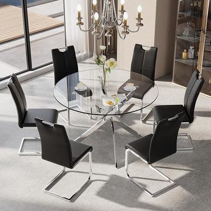 47-Inch Round Tempered Glass Dining Table for 4-6 Person Space-Saving Small Kitchen Table with Heavy-Duty Metal Legs Perfect for Dining Room, Apartment, Condo(Silver)