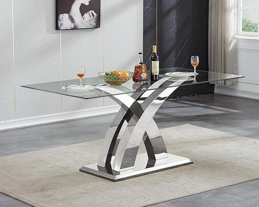 70" Large Glass Dining Table for 4 6 8, Modern Rectangular Glass Top Kitchen Table with Silver X-Design Stainless Steel Base, Luxury Dining Room Table for Dinner Kitchen Dining Room