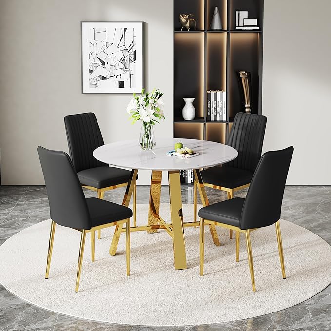 Round Dining Table Set for 4, Round Dining Room Table Set for 4 with Chrome Leg and 4 Chair Dining Table Set, Small Kitchen Island with Seating for Small Spaces(BKG)