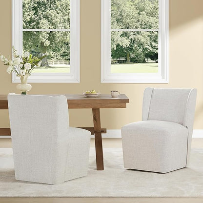 KISLOT Upholstered Dining Chairs Set of 1 with Casters, Wingback Modern Side Armless Deskchair with Rollers for Diningroom Bedroom Livingroom Reading Room, Linen Fabric