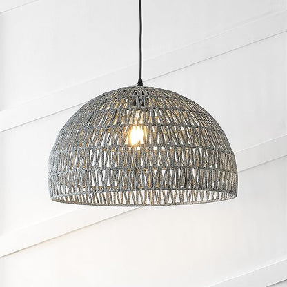 JONATHAN Y 20" Gray Modern Bohemian Woven Rope LED Pendant Light Fixture, Adjustable Dome Ceiling Lamp for Kitchen Island, Rope Shade, Coastal Farmhouse Decor (JYL6504D)