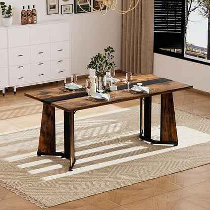 71" Scratch-Resistant Island Table, Rustic Dining Table with Premium MDF, Farmhouse Dining Table for Kitchen & Living Room, Black,Rustic Brown