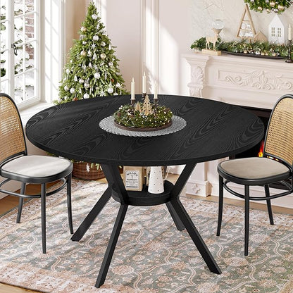 Black Dining Table for 2-4, 42 Inch Round Kitchen Table with Storage, Wooden Circle Dinner Table with Metal Legs, Rustic Mid Century Modern Dining Room Tables for Kitchen, Living Room, Dining Room
