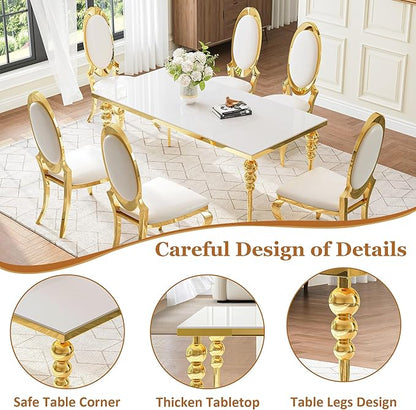 Glass Dining Table Set for 6 with 70" Rectangular White Glass Kitchen Table, 7 Piece Dining Room Set with 6 White Oval Back Upholstered Chairs for Living Room, Restaurant