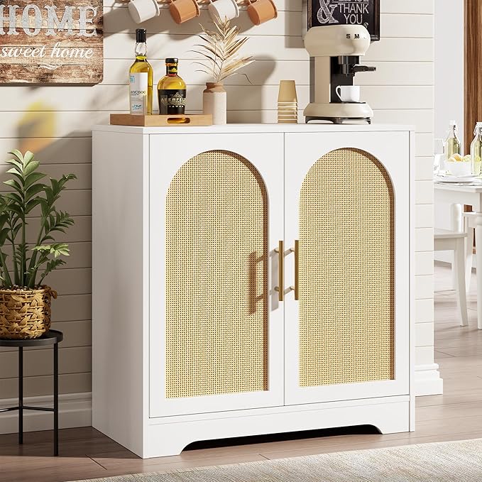 GarveeHome Sideboard Buffet Cabinet - Credenza Storage with 2 Rattan Doors and Shelves, Modern Console Table Accent Coffee Bar Cabinet for Living Room, Kitchen, Hallway, Dining Room, Entryway, White