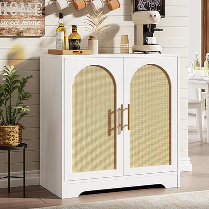 GarveeHome Sideboard Buffet Cabinet - Credenza Storage with 2 Rattan Doors and Shelves, Modern Console Table Accent Coffee Bar Cabinet for Living Room, Kitchen, Hallway, Dining Room, Entryway, White