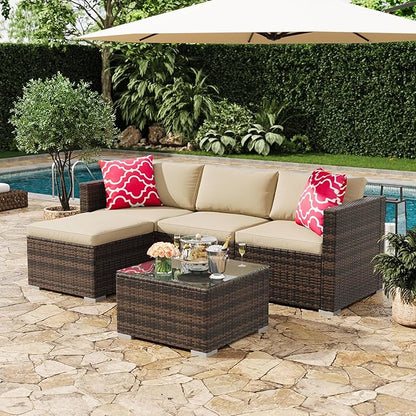 GAOMON 5-Piece All-Weather Patio Furniture Set, Convertible Outdoor Sectional Sofa with Ottoman & Tempered Glass Table, PE Rattan Conversation Set for Garden, Backyard, Porch, Poolside