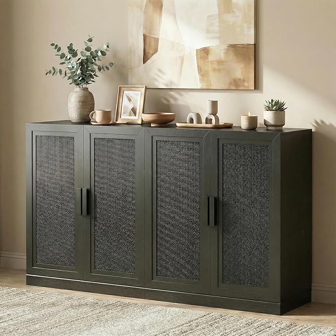 Casaphoria Adam Sideboard Buffet Cabinet with Storage, Sideboard Cabinet with Rattan Doors & Adjustable Shelves, 62" W x 36" H Coffee Bar for Entryway Kitchen Living Room, Black