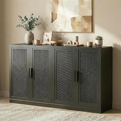 Casaphoria Adam Sideboard Buffet Cabinet with Storage, Sideboard Cabinet with Rattan Doors & Adjustable Shelves, 62" W x 36" H Coffee Bar for Entryway Kitchen Living Room, Black