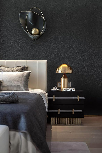 Safiyya 17.3 inch X 590 inch Wallpaper Black Silk Textured Wallpaper Peel and Stick Modern Solid Color Wall Paper Removable Contact Paper for Bedroom Vinyl Rolls