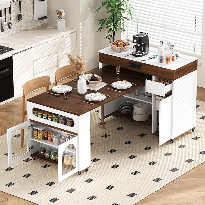 GDFStudio TREXM 73.8" Extendable Dining Table with Extra-Long Folding Top, Rolling Kitchen Island with Power Outlet, Drawers and Brake Lock, Walnut & Creamy White Storage Cabinet