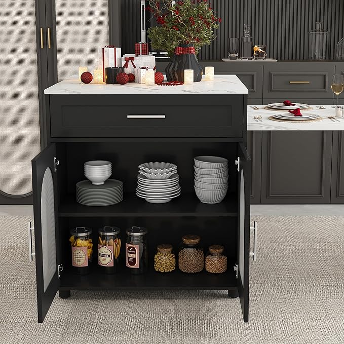 80.7-Inch Expandable Kitchen Island with Dining Table, Black MDF Kitchen Prep Table with Solid Wood Grain Countertop, Mobile Storage Cart (Cabinet + 2 Drawers) & Power Outle