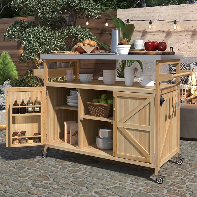 Modern Dining Table Outdoor Kitchen Island with Cabinet, Rolling Bar Cart, Farmhouse Solid Wood Grill Table with Stainless Steel Top, Spice Rack, Towel Rack for Kitchen Dining Room Tables,Natu