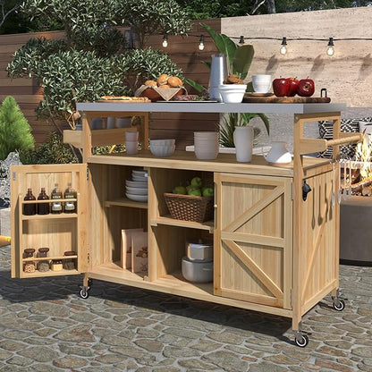 Modern Dining Table Outdoor Kitchen Island with Cabinet, Rolling Bar Cart, Farmhouse Solid Wood Grill Table with Stainless Steel Top, Spice Rack, Towel Rack for Kitchen Dining Room Tables,Natu